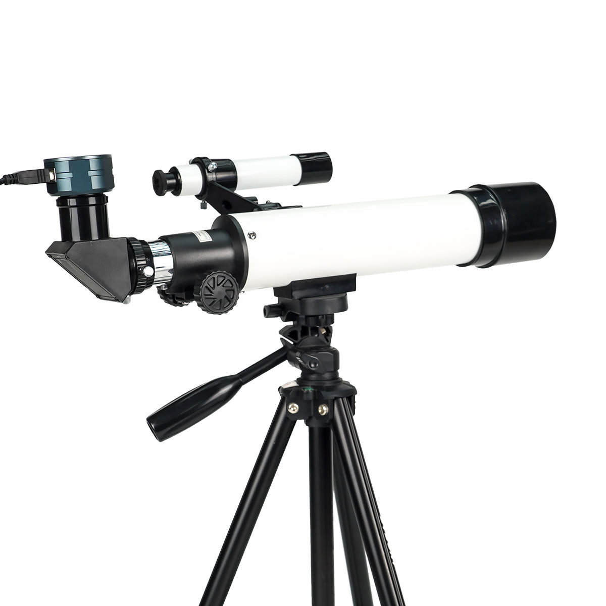 SVBONY SV105 planetary camera mounted on a refractor telescope and tripod
