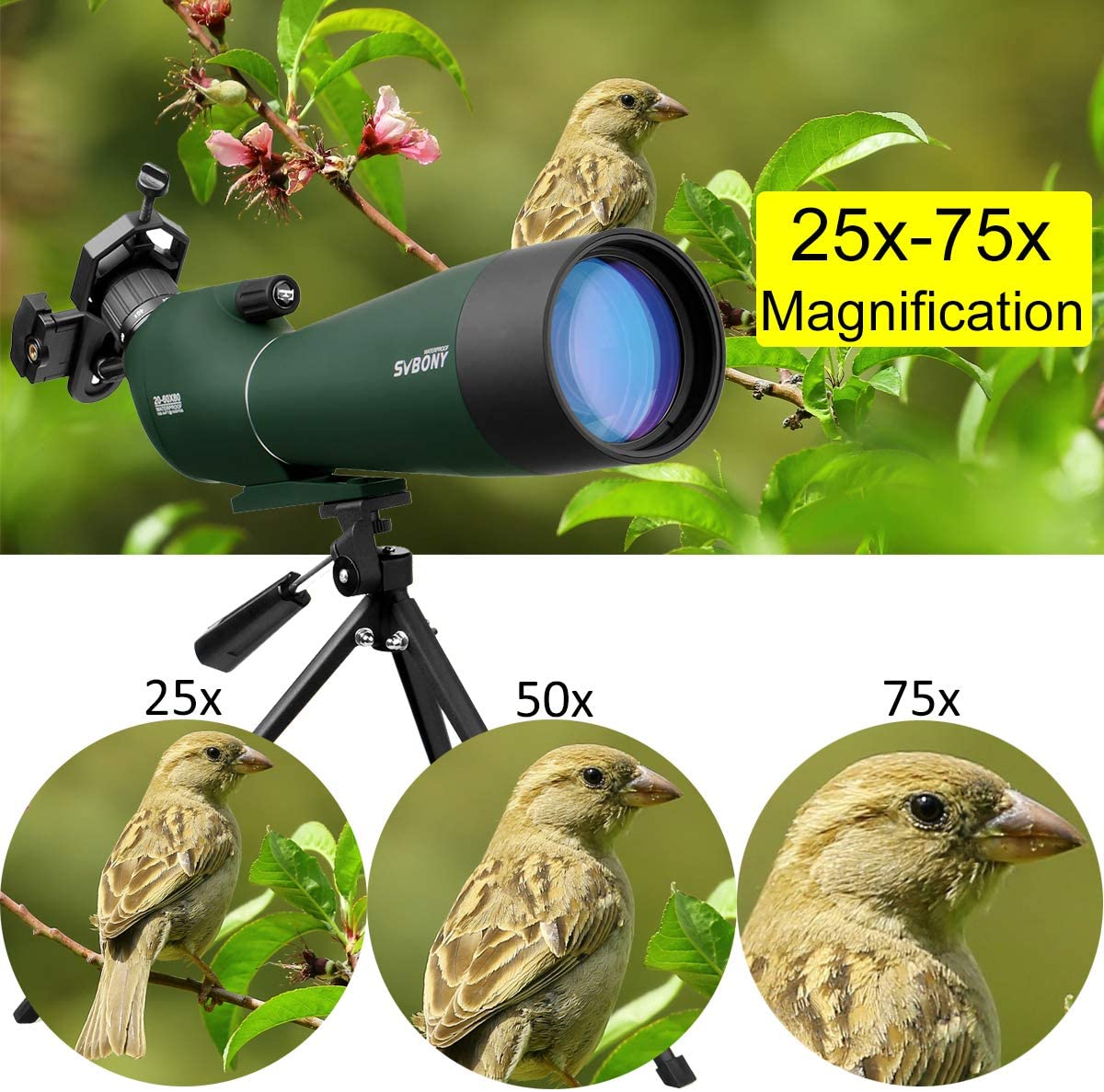 Svbony SV28 Spotting Scope with Tripod Phone Adapter 25-75X70, HD Zoom BAK4 Prism MC Optics Lens