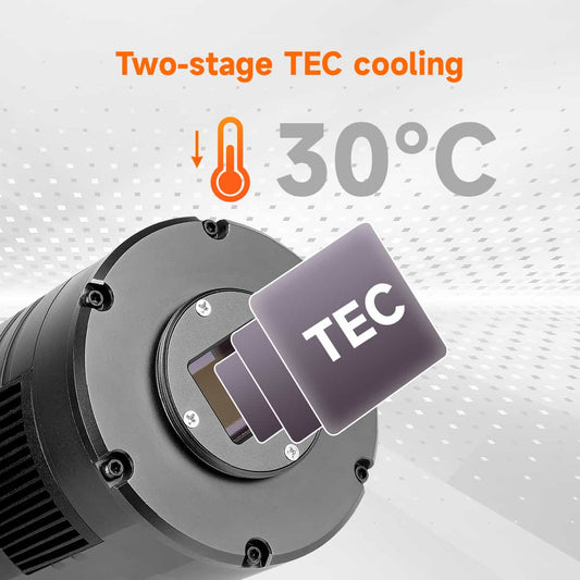 SVBONY SV405CC OSC cooled astronomy camera with two stage TEC cooling providing up to minus 30 degrees Celsius sensor temperature reduction
