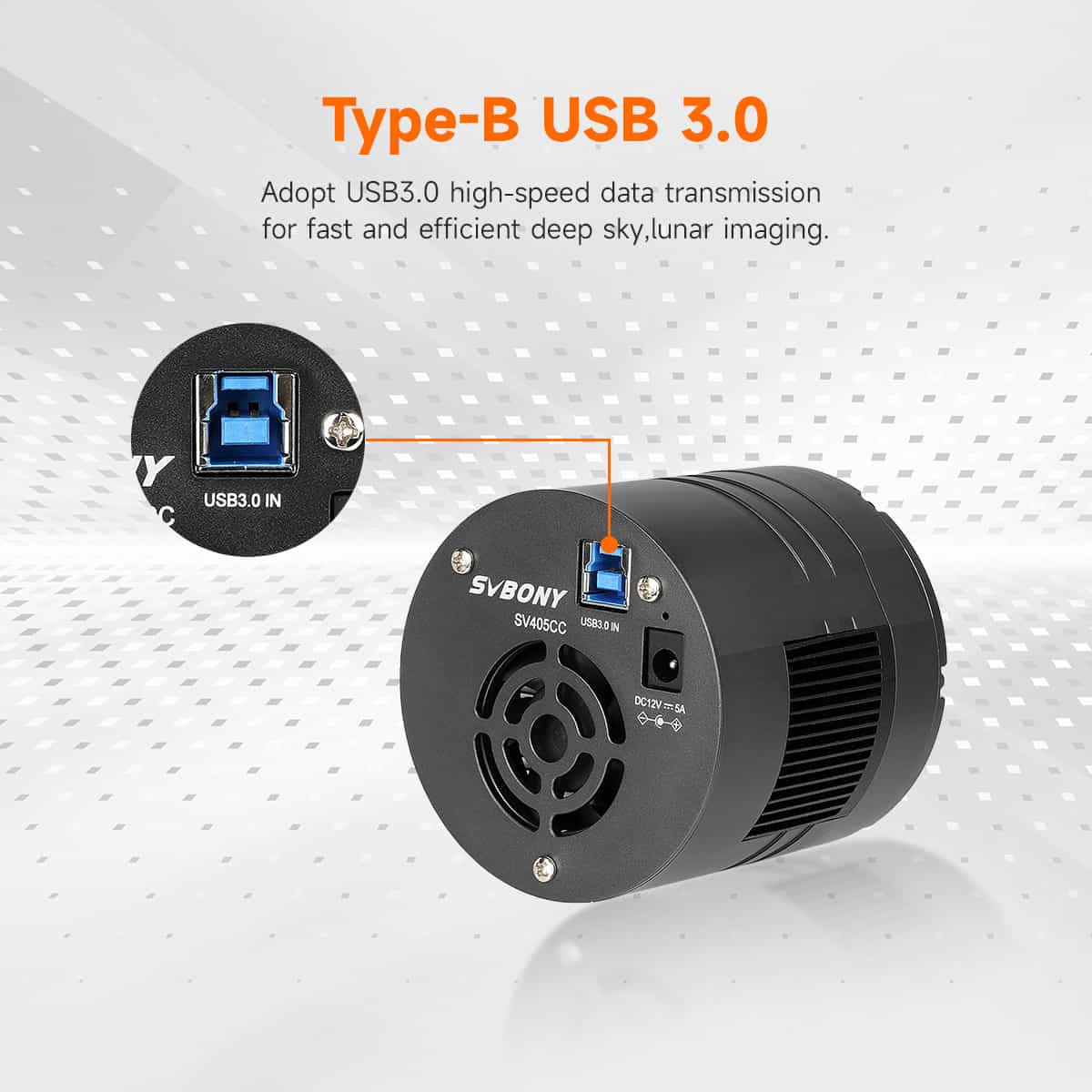 SVBONY SV405CC OSC astronomy camera showing Type-B USB 3.0 high speed data connection for fast deep sky and lunar imaging
