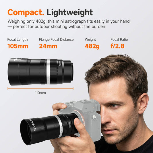 SVBONY SV535 105mm f/2.8 APO astro prime lens shown as compact and lightweight, handheld on a mirrorless camera for portable astrophotography
