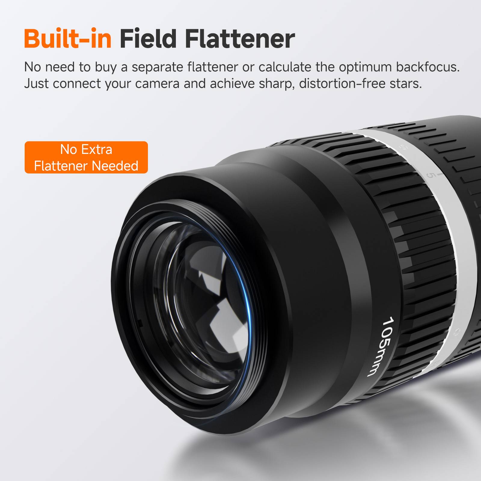 SVBONY SV535 105mm f/2.8 APO astro lens with built-in field flattener for sharp, distortion-free stars across the frame
