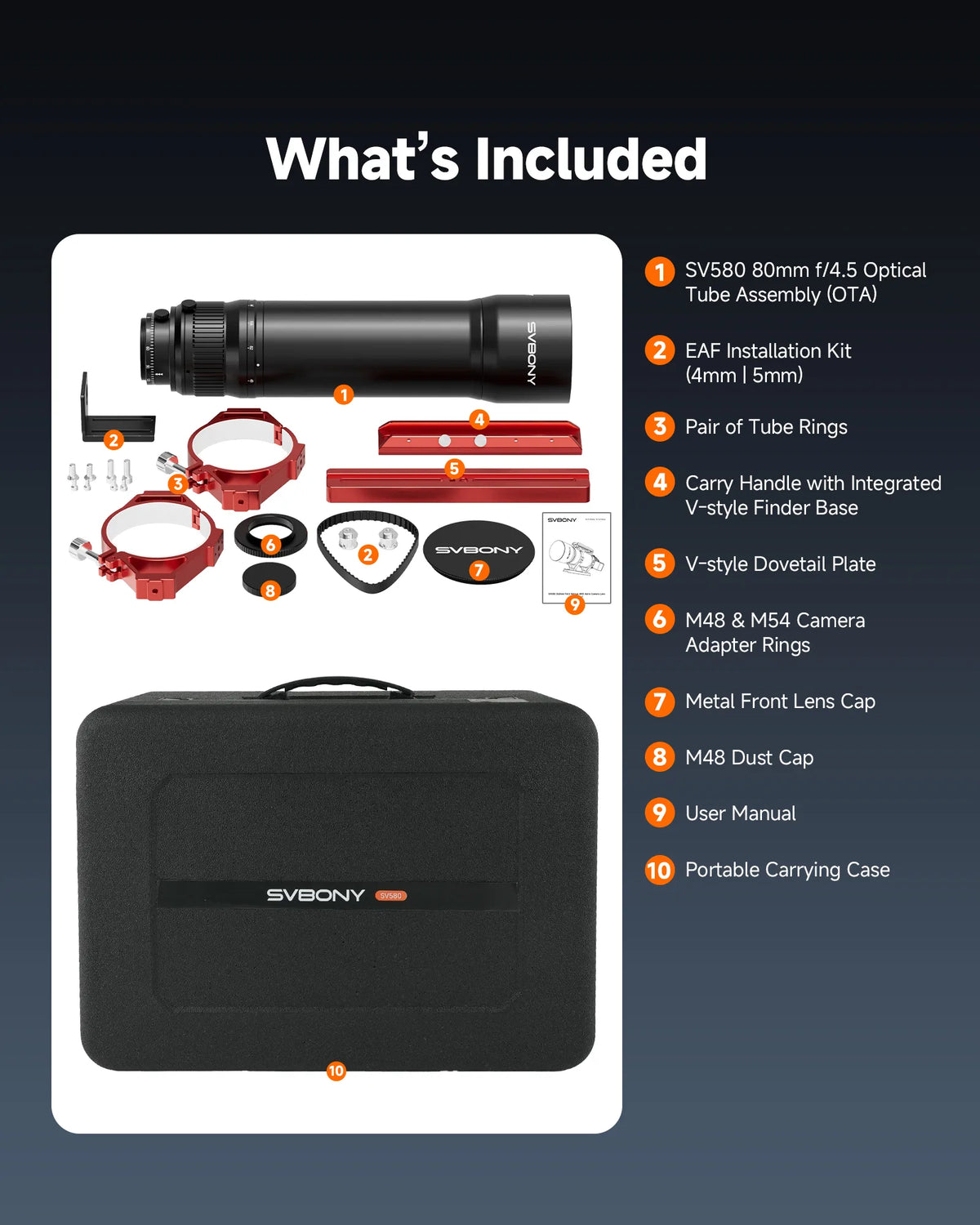 Items included with the SVBONY SV580 astrograph