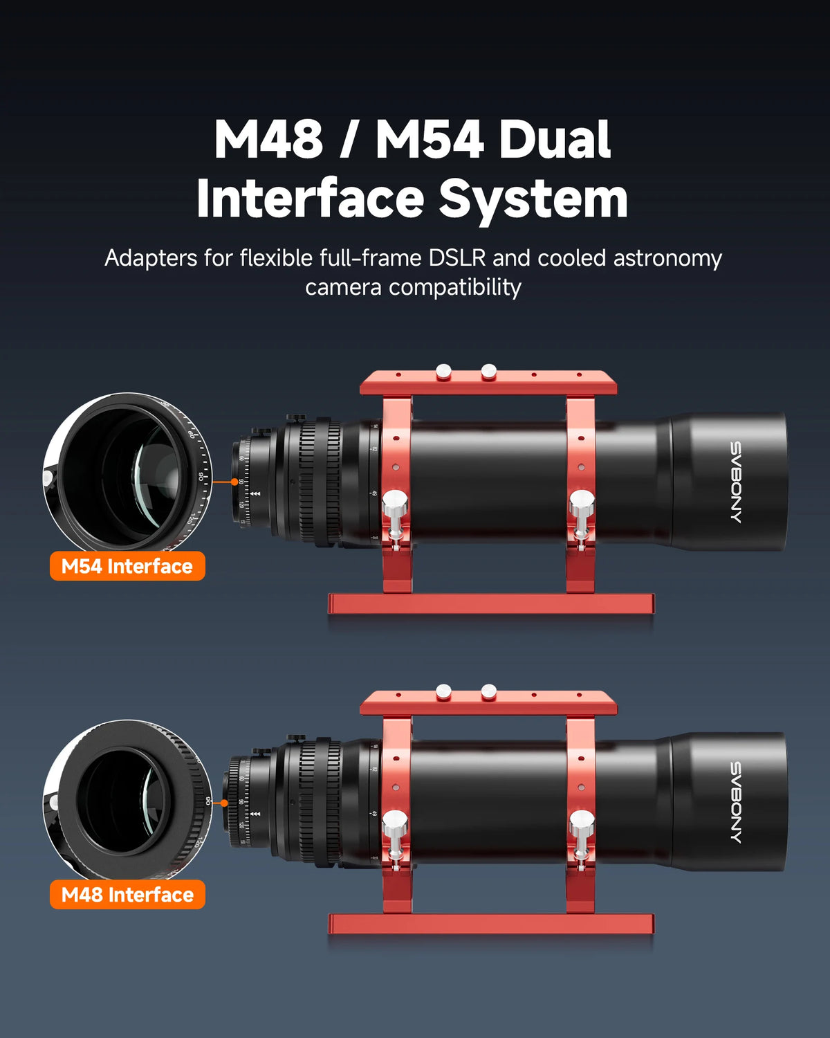 SVBONY SV580 M48 and M54 camera interfaces