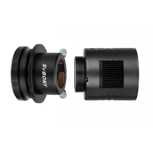Two black camera lens components on a white background