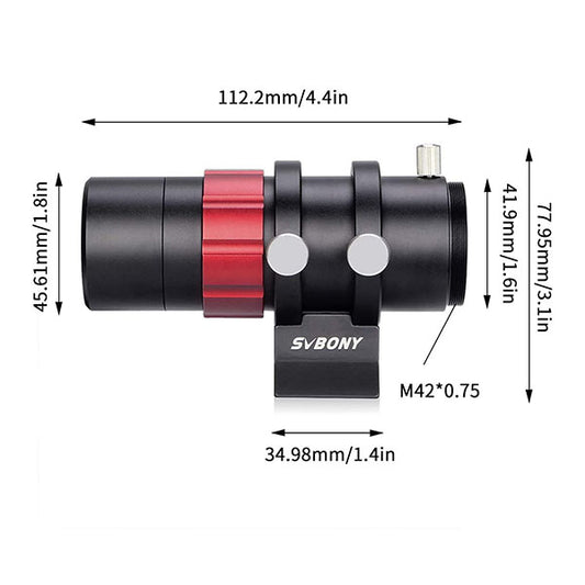 SVBONY telescope with dimensions labeled on a white background