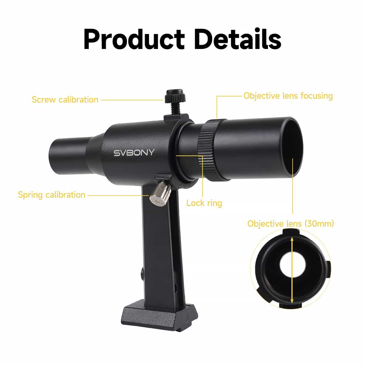 SvBony SV182 6x30 Finder Scope with labeled parts on a white background