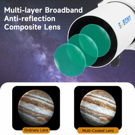 Svbony telescope with multi-layer broadband anti-reflection composite lens against a starry sky background.