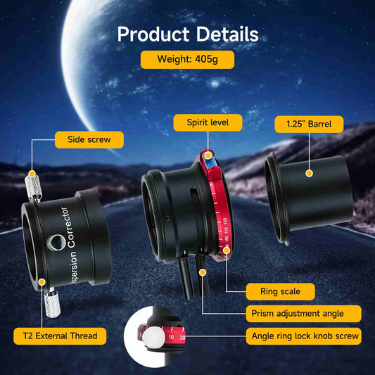 Telescope with labeled parts against a space-themed background