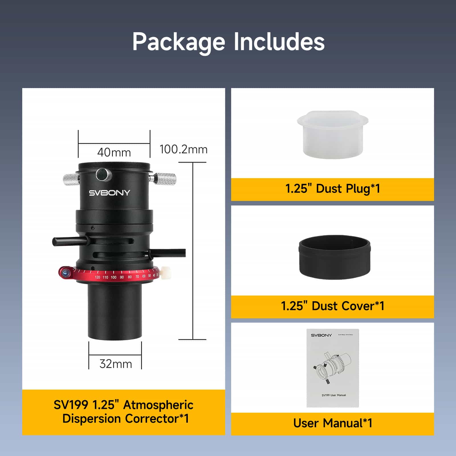 SVBONY atmospheric dispersion corrector with dimensions and included items listed on a blue background