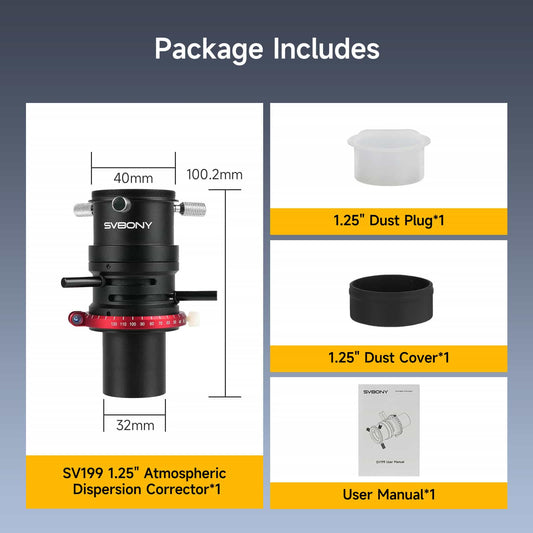 SVBONY atmospheric dispersion corrector with dimensions and included items listed on a blue background