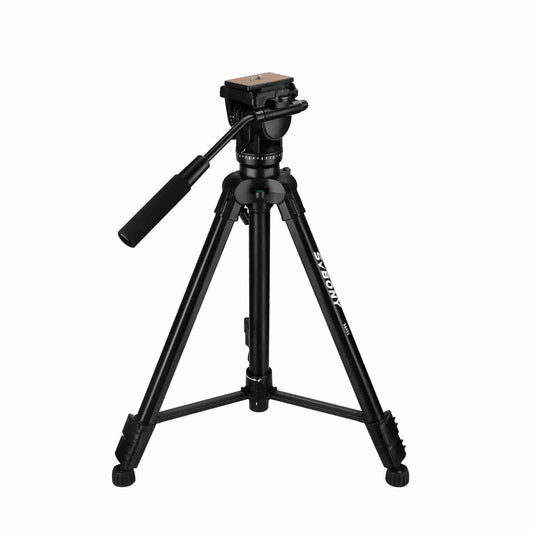 Black camera tripod on a white background