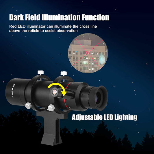 SV208 8x50 Finder Scope with dark field illumination function and adjustable LED lighting on a night sky background.