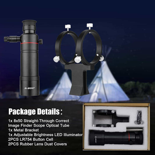 SvBony telescope package with scope, bracket, and LED illuminator against a night sky background.