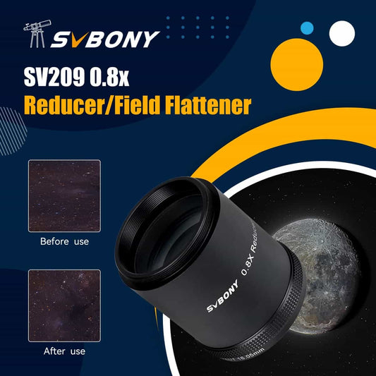 SvBony SV209 0.8x Reducer/Field Flattener with before and after use images on a space-themed background.