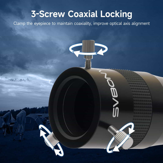 Svbony SV216 Barlow Lens 1.25inch 3X 4-Element Barlow Lenswith 3-screw coaxial locking mechanism against a night sky background.