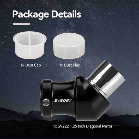 SVBONY telescope accessory package with SV222 diagonal mirror and dust cap/plug on a starry night background.