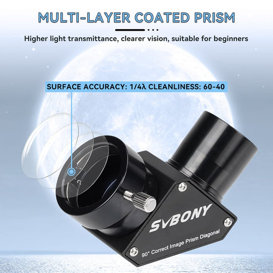 SVBONY multi-layer coated prism with text on light transmittance and surface accuracy against a celestial background.