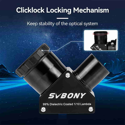 SV223 1.25 Inch 90 Degree Clicklock Dielectric Mirror component with 'Clicklock Locking Mechanism' text and SVBONY branding against a space-themed background.