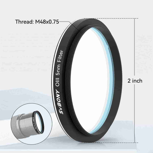 Svbony 5nm filter with thread M48x0.75 and dimensions on a light gray background