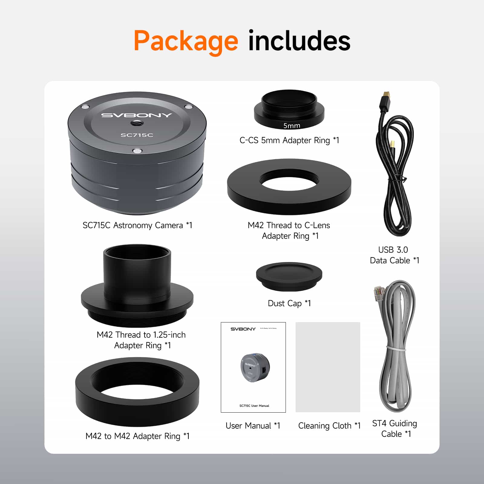 SVBONY astronomy camera package with various components on a white background