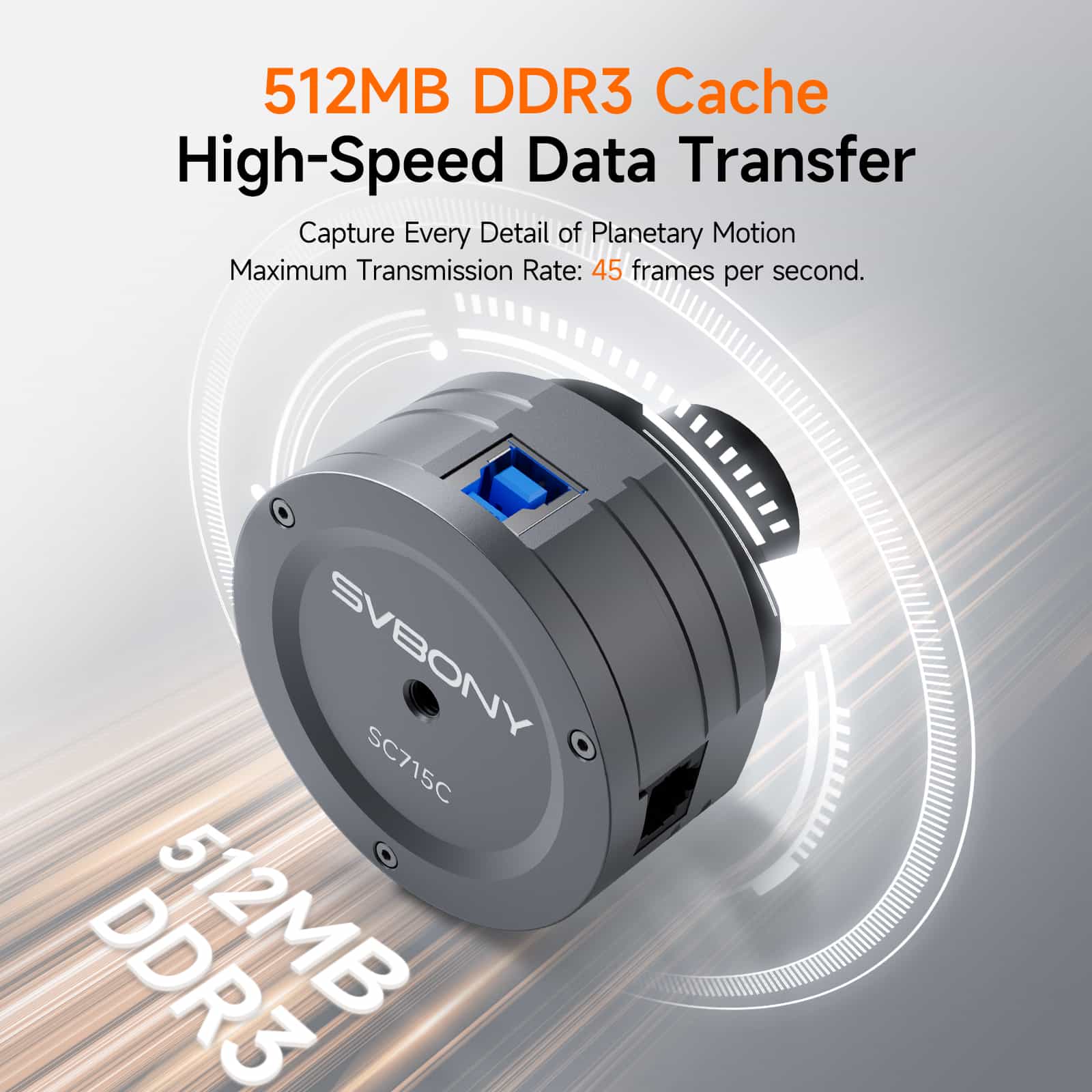 Svebony SC715C device with 512MB DDR3 cache and high-speed data transfer features on a gray background.
