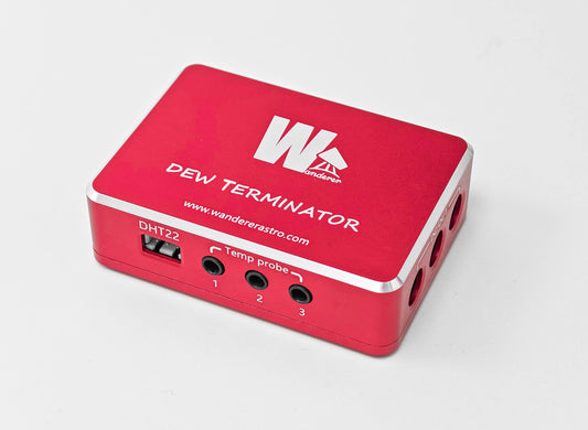 WandererAstro Dew Terminator dew heater controller showing sensor ports and branding on a white background
