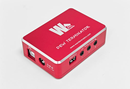 WandererAstro Dew Terminator dew heater controller with sensor ports on a white background
