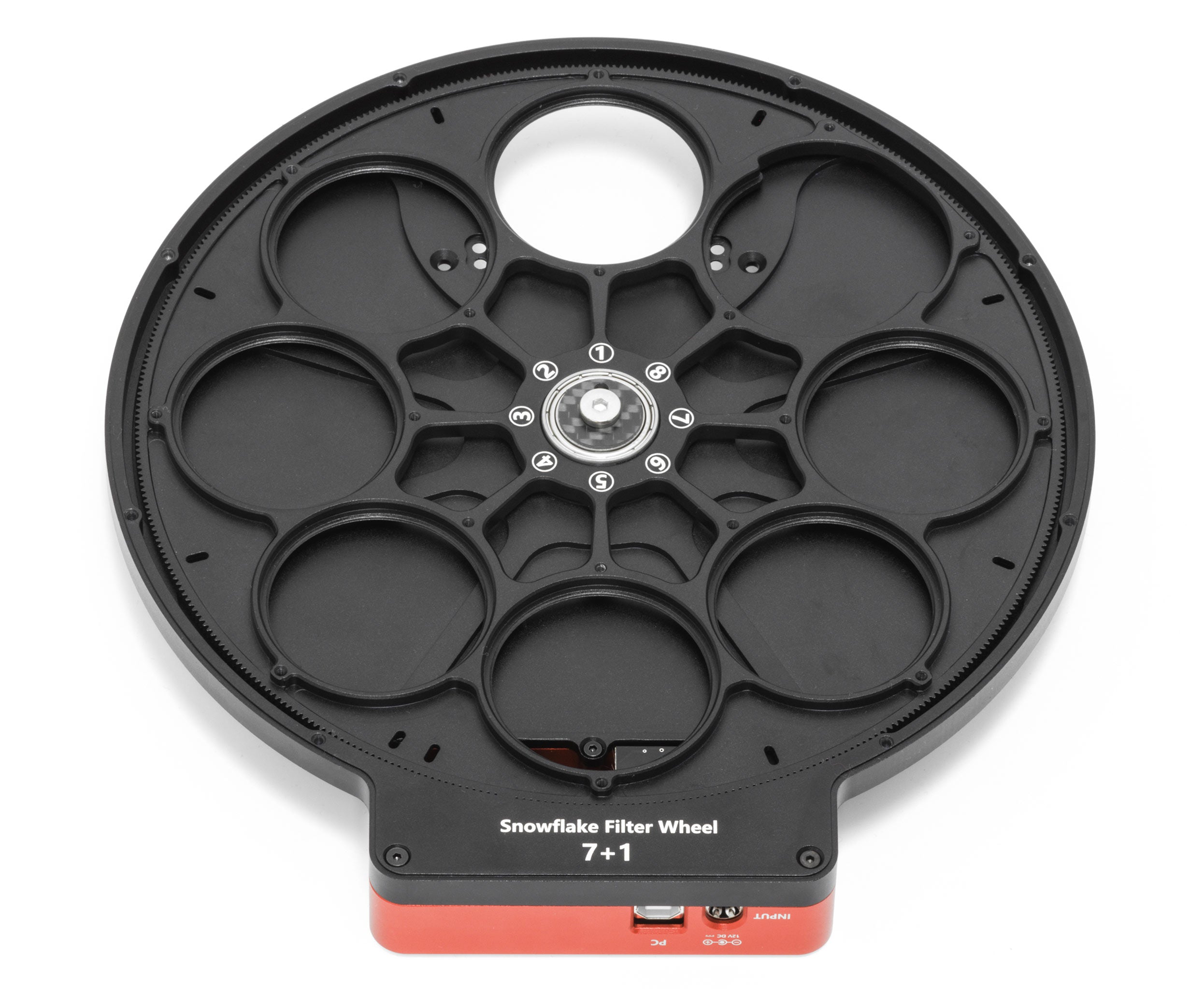 Front view of Wanderer Astro Snowflake 7+1 filter wheel showing eight filter slots

