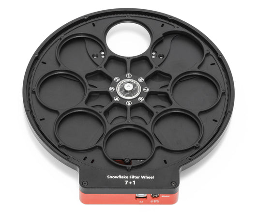 Front view of Wanderer Astro Snowflake 7+1 filter wheel showing eight filter slots
