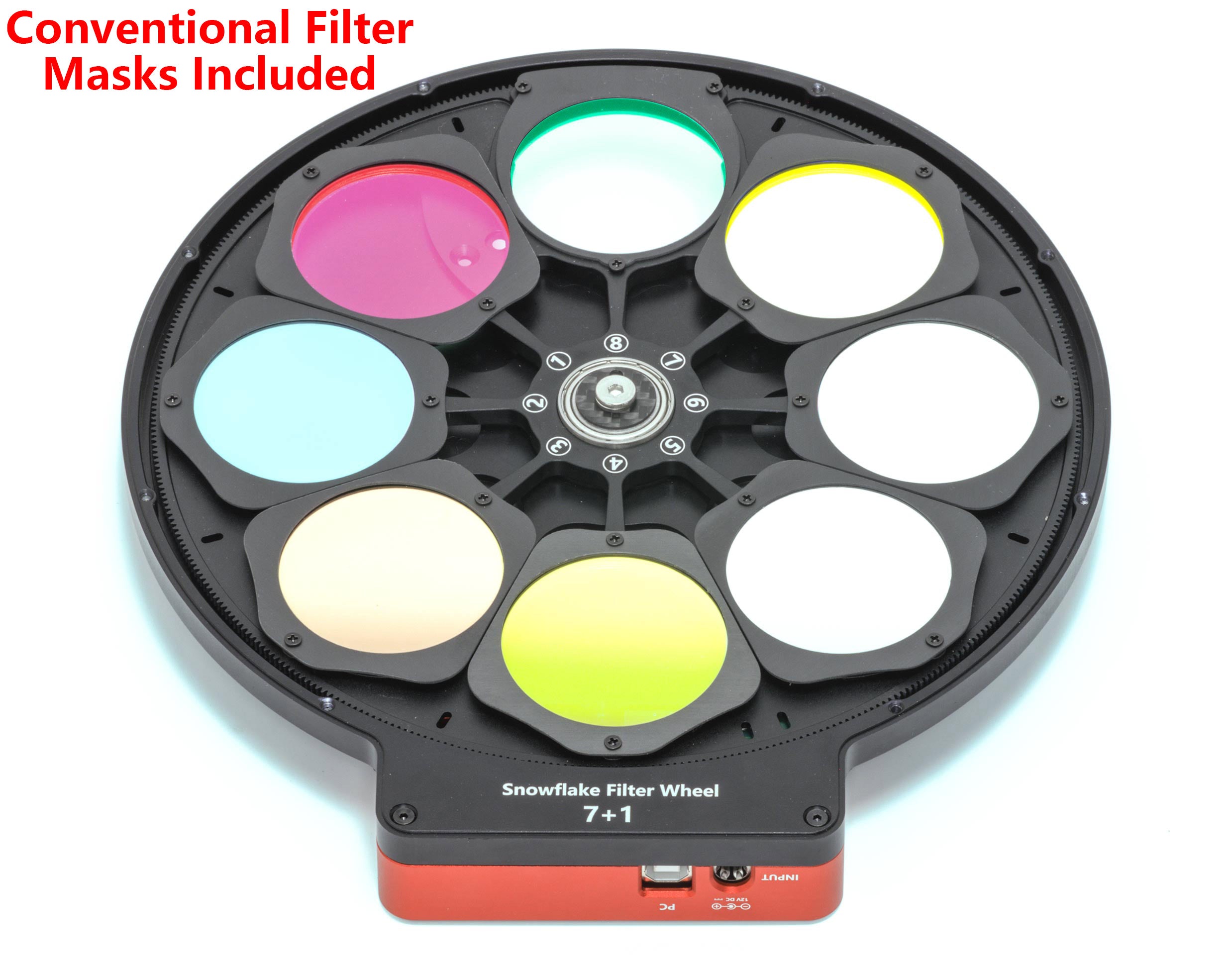 Wanderer Astro Snowflake 7+1 filter wheel fitted with conventional round filters
