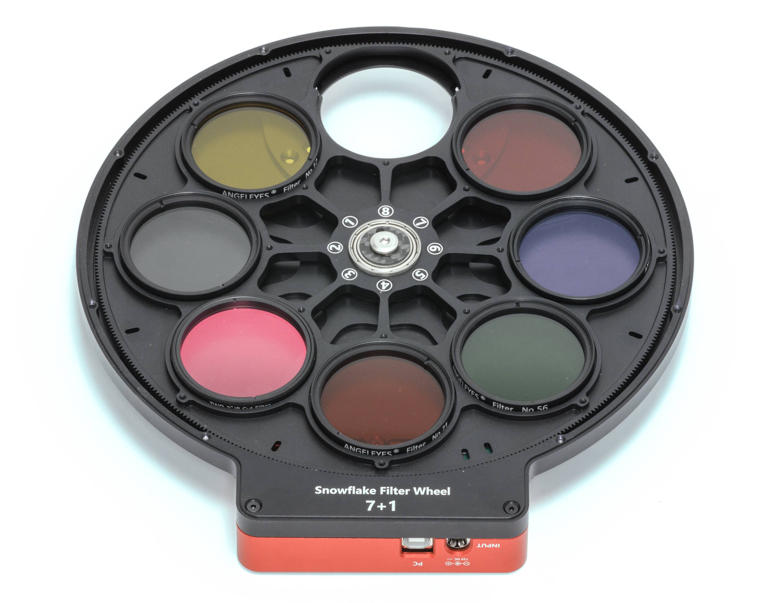 Wanderer Astro Snowflake 7+1 filter wheel fitted with multiple mounted astronomical filters
