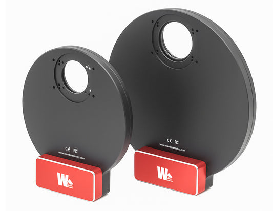 Size comparison of Wanderer Astro Snowflake filter wheel bodies displayed on red stands
