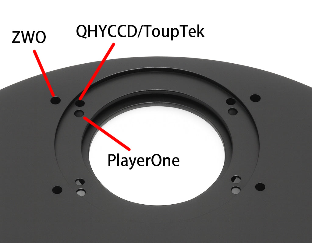 Wanderer Astro Snowflake filter wheel camera mounting holes labeled for ZWO, QHYCCD/ToupTek, and Player One cameras
