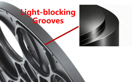Close-up of Wanderer Astro Snowflake filter wheel showing light-blocking grooves highlighted for stray light control
