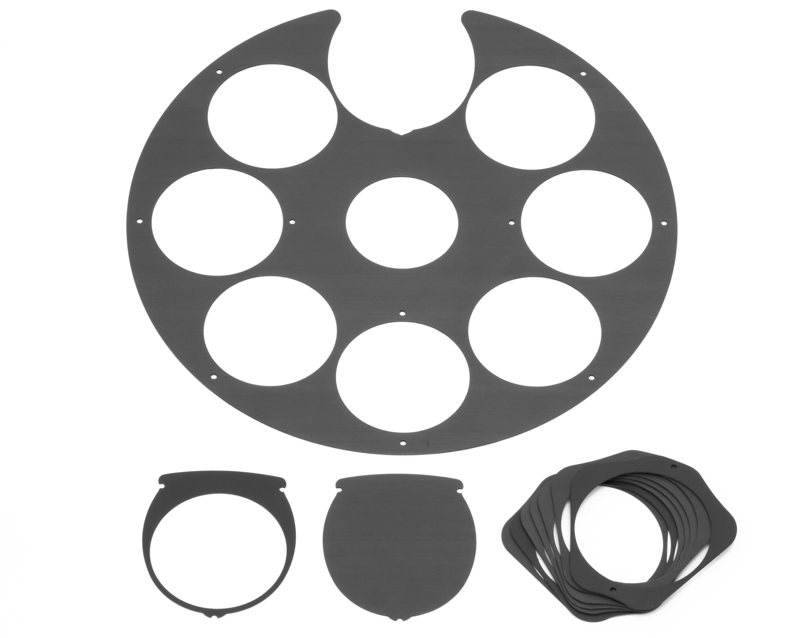 Mask set for Wanderer Astro Snowflake filter wheel including one-piece mask, slot-8 mask, dark mask, and individual filter masks
