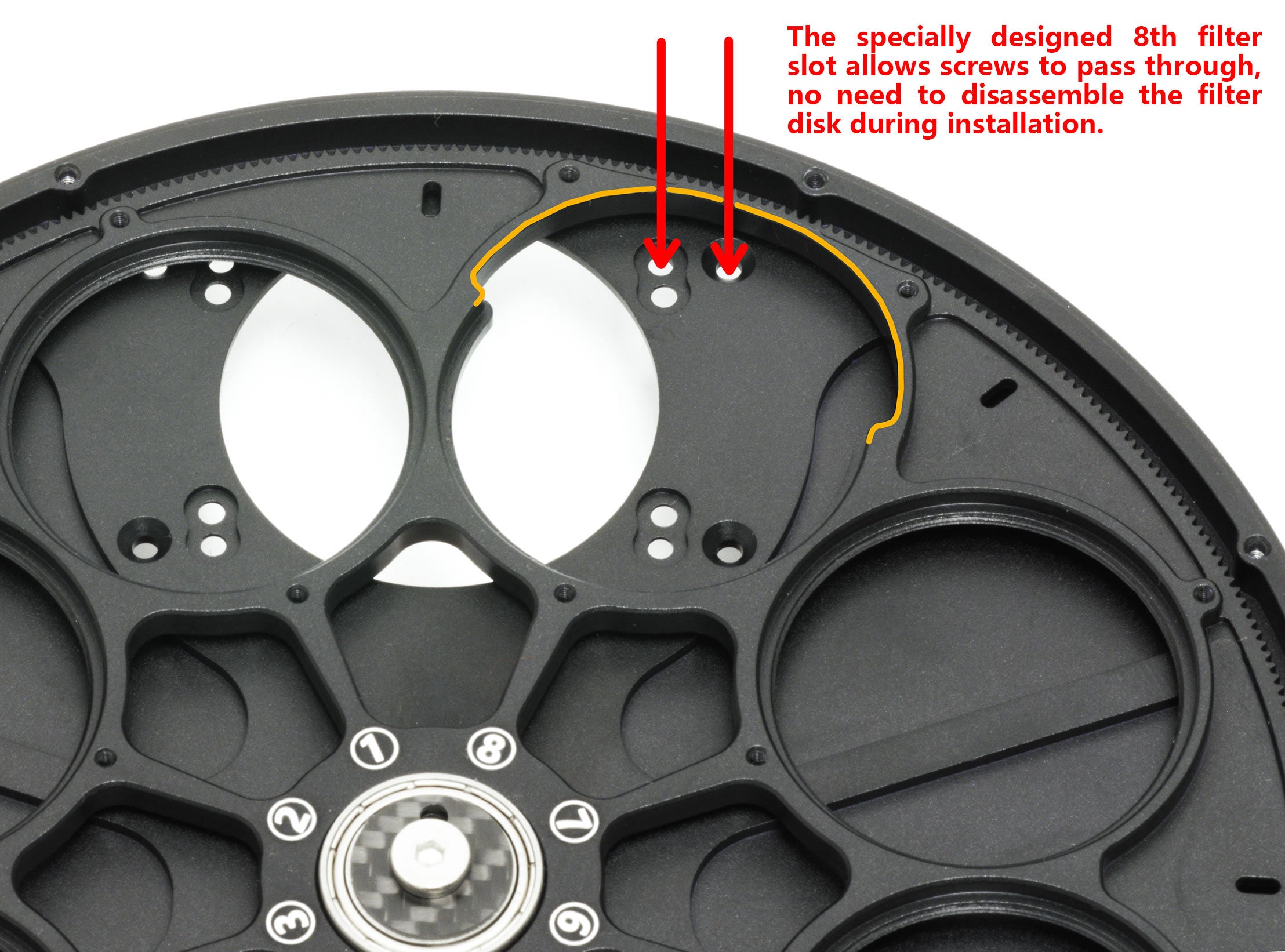 Wanderer Astro Snowflake filter wheel showing specially designed 8th filter slot allowing screw access during installation
