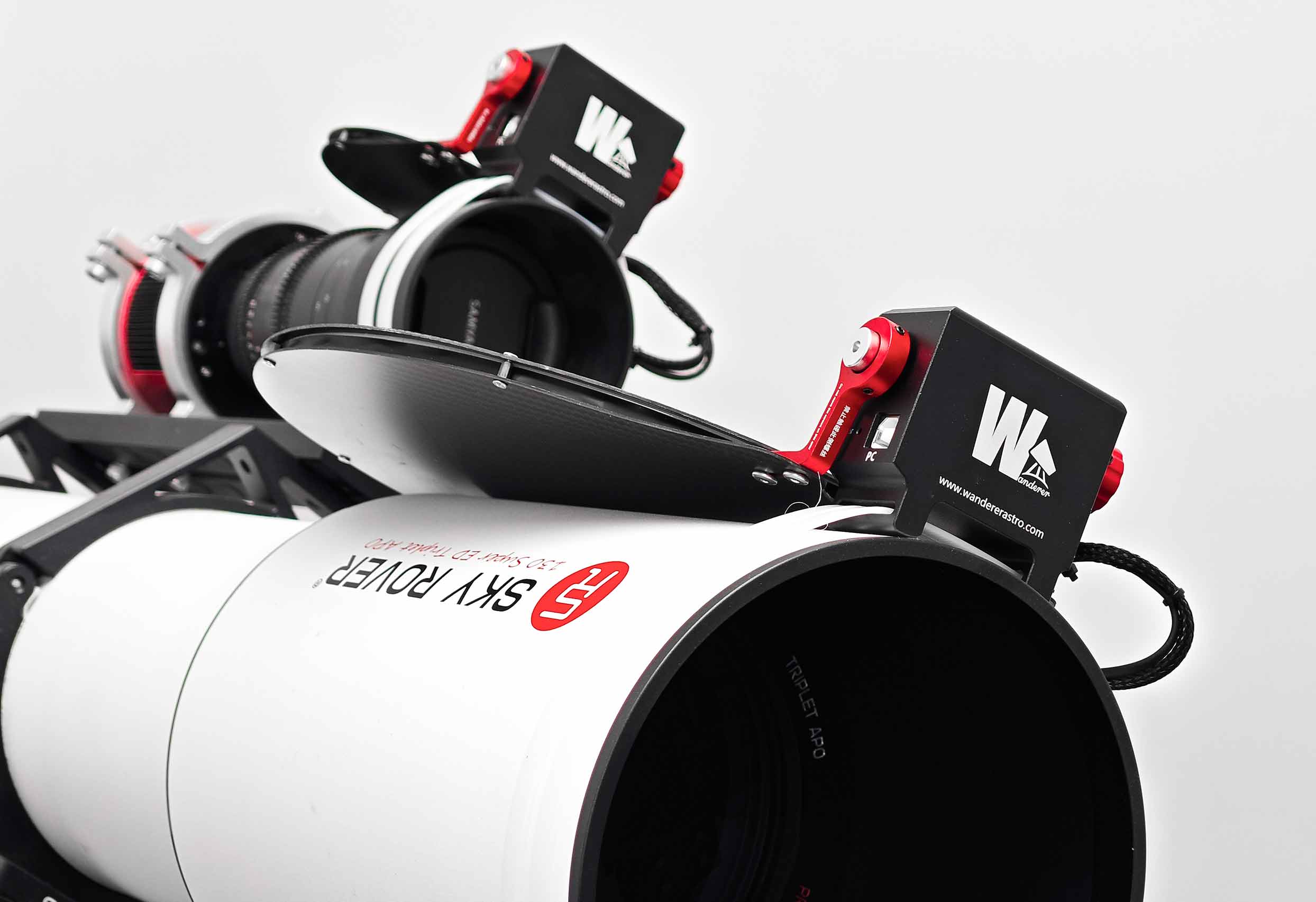 Two WandererCover V4-EC IR motorised flat panels installed on telescopes for automated astrophotography
