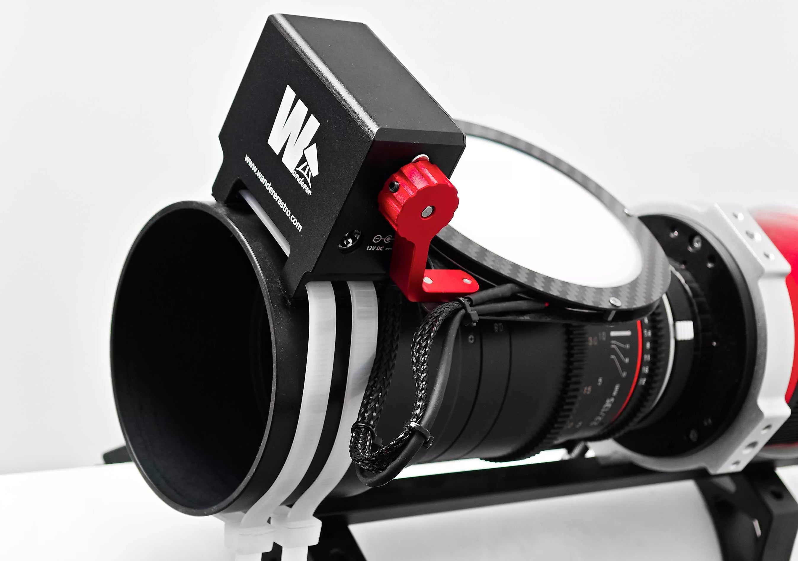 WandererCover V4-EC IR motorised flat panel mounted on the front of a telescope for flat-field calibration
