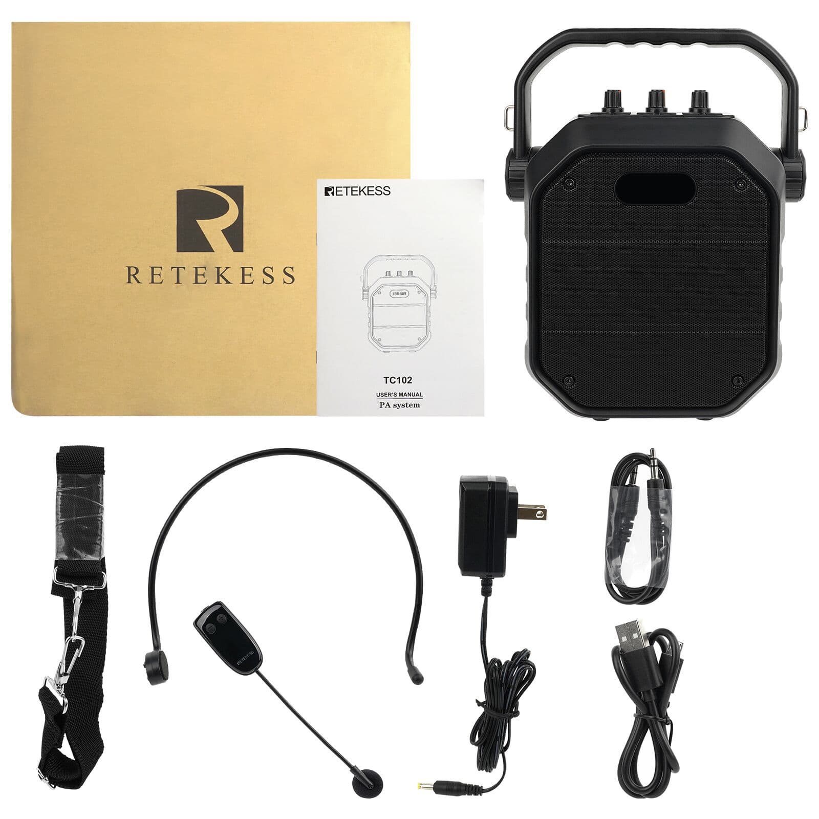 Retekess TC102 Portable PA System with Wireless Microphone 1 Speaker and 1 Headset Mic and 1 Handheld Mic