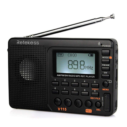 Retekess V115 Portable AM FM Radio with Shortwave MP3 Player Black