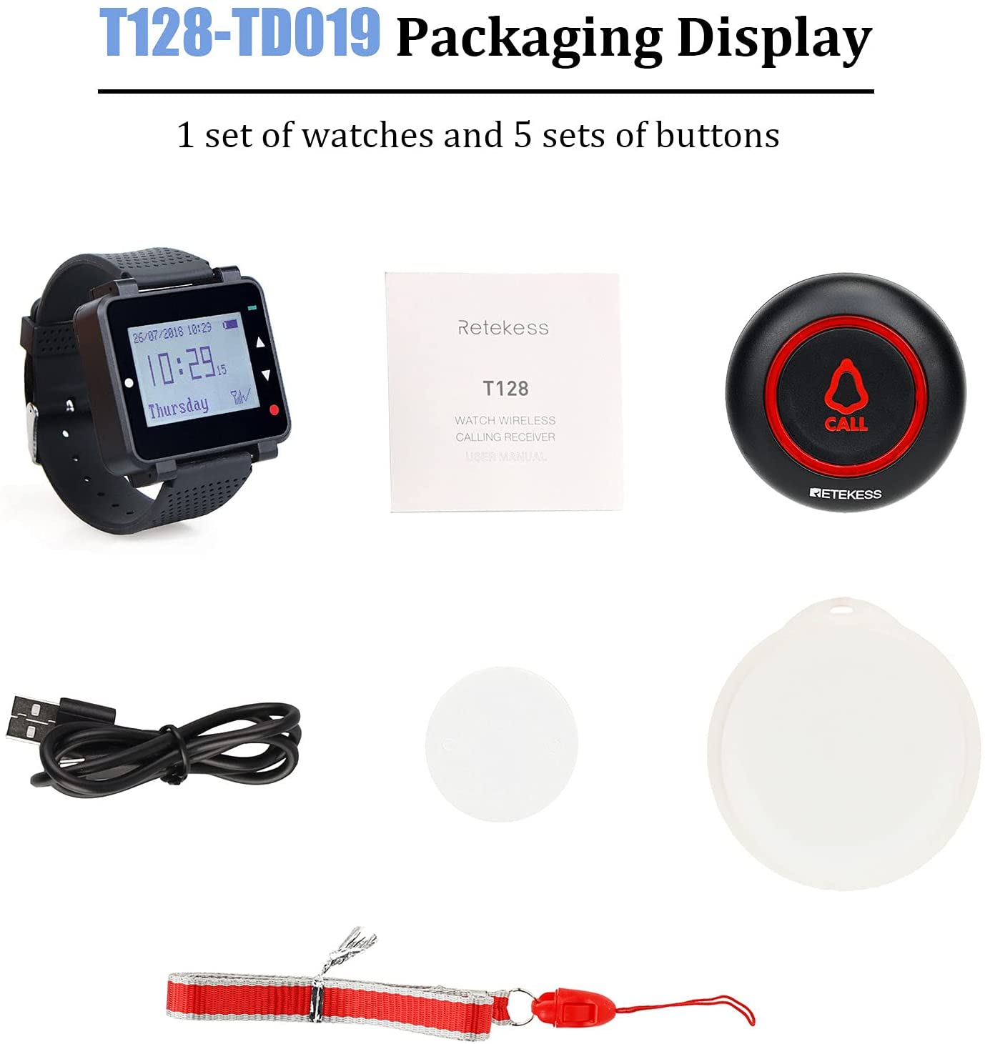 Retekess T128-TD019 Restaurant Pager, Wireless Call System with 3 Reminder Modes, One-Key Call Button 600mAh Built-in Battery for Restaurants, Bars