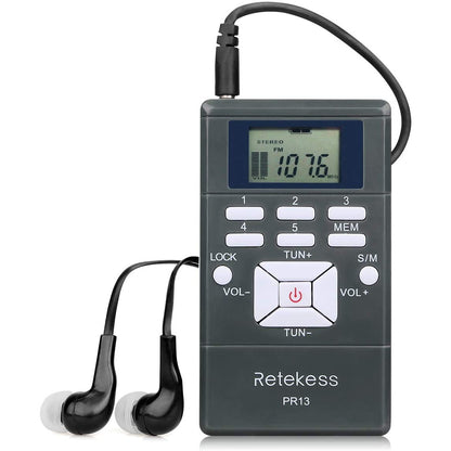 Retekess PR13 FM Radio Portable Mini Stereo Radio with Earphones Battery Powered Black