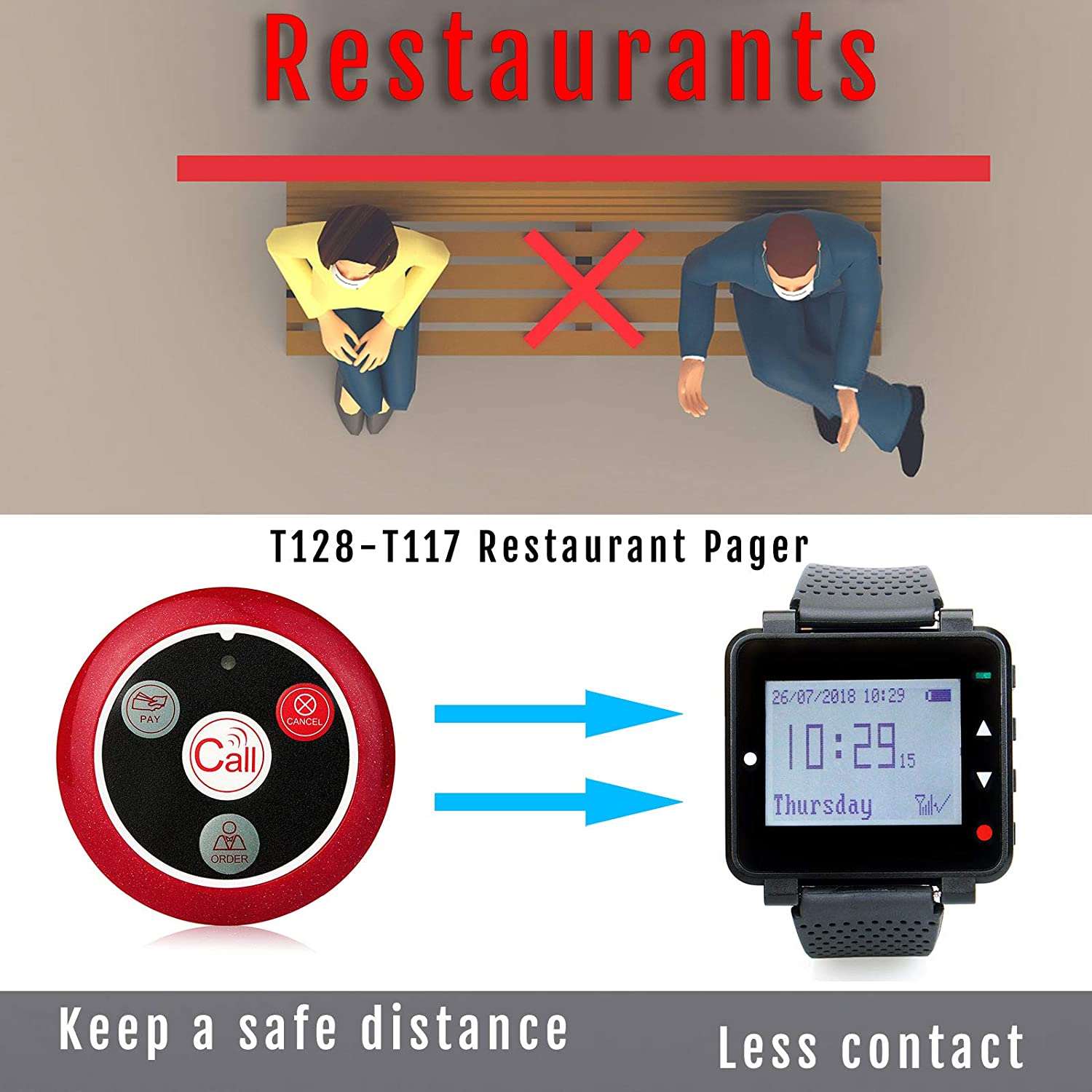 Retekess T128-T117 Restaurant Pager, Wireless Calling Pager, with Three Reminder Modes, 1 Watch Receiver and 10 Customer Call Button