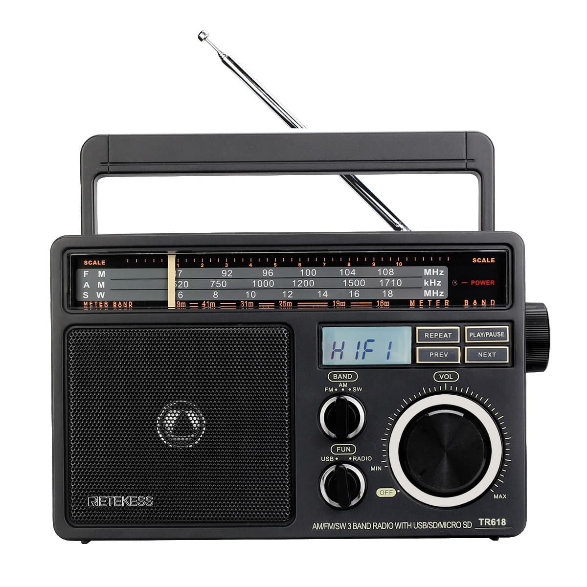 Retekess TR618 Portable Radio, AM FM SW Radio, Analog Short-wave Radio, Support USB, SD/TF Card Black