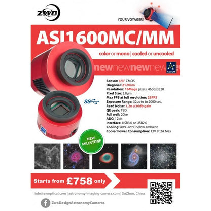 ZWO ASI1600MM Monochrome 4/3" CMOS USB3.0 Deep Sky Imager Camera