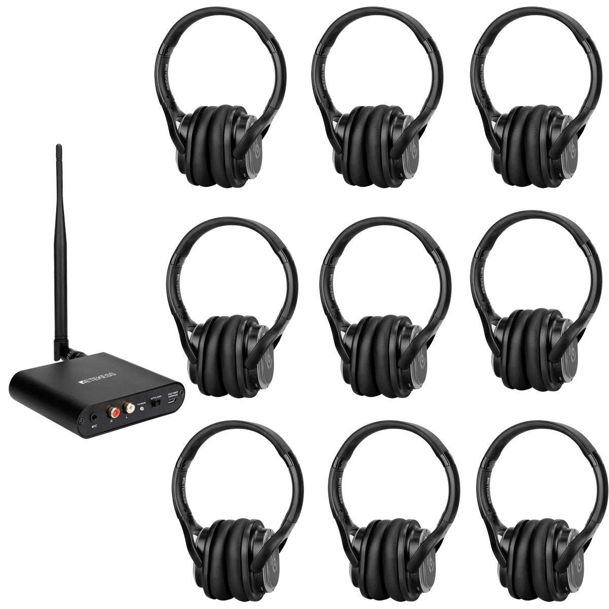Retekess TA004 Silent Disco Headphones for Parties or Classes. 1 Transmitter and 9 Headphones