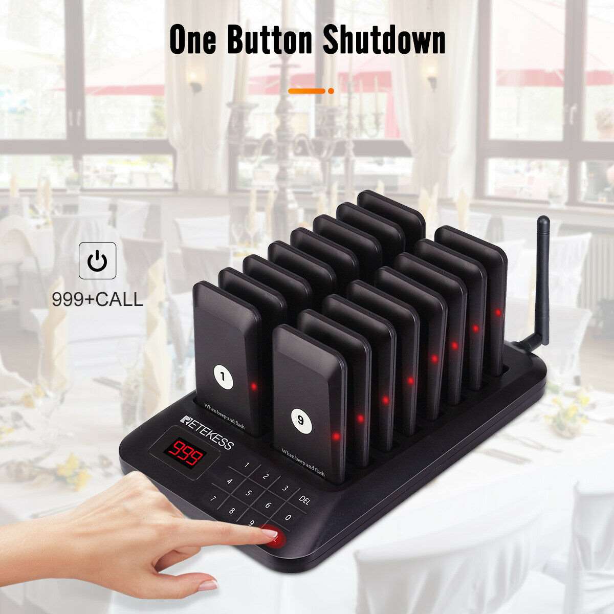 Retekess TD157 Pager Restaurant, Waiter Paging System, 20H Restaurant Buzzers Touch Screen 1 Calling Keypad with 16 Pagers Black