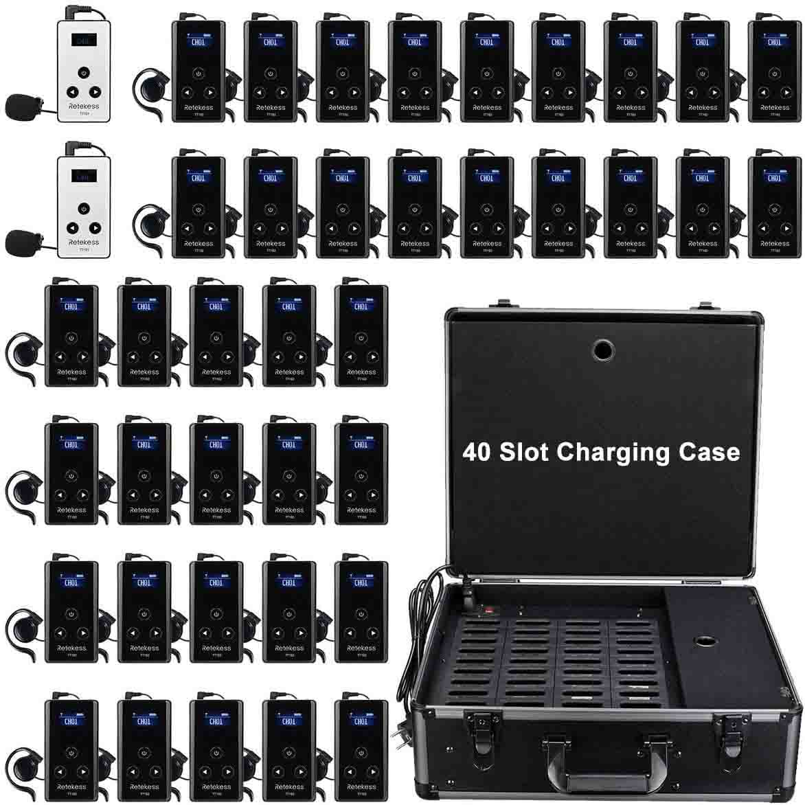 Retekess TT101/TT102 Wireless Tour Guide System Long Standby Time with 40 Slot Charging Case
